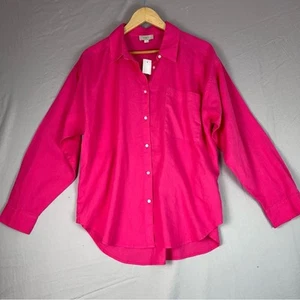 Loft Linen Blend Button Down Tunic Shirt Women Large Pink Relaxed New With Tags - Picture 1 of 8