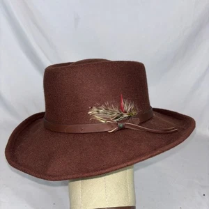 Vintage Felt Wool Brown Fedora Hat w Feather Made In USA - Picture 1 of 8