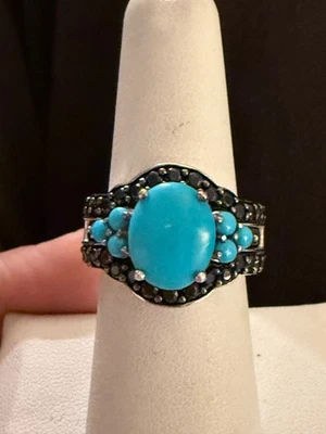 Anillo de 4,30 quilates de la Bella Durmiente Turquesa, Plata de Ley y Espinela Negra Talla 7 Foto 1 de 4