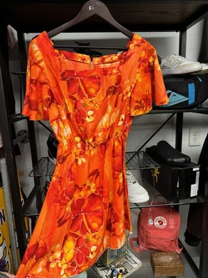 Vintage 1970s Handmade Barkcloth Neon Floral Hawaiian Mini Dress See Measurement - Image 1 of 4