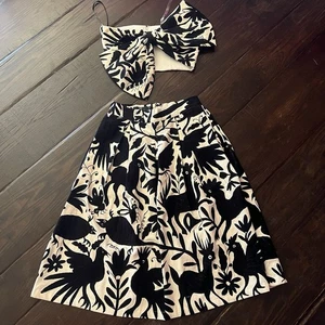 Draco Otomi Bow Top And Skirt Set Pockets Black White Handmade Mexico Sz S - Picture 1 of 13