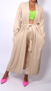 Vintage Beige Knit Soft Belted Long Maxi Cardigan Sweater Size L - Picture 1 of 9