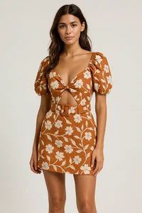 Sabo Size Small  Skirt Rust Orange Floral Cutout Puff Sleeve Mini Dress - Picture 1 of 15