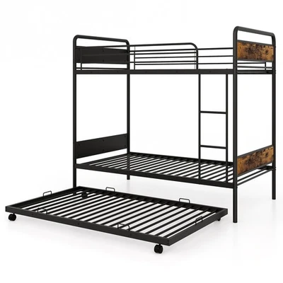 Twin Over Twin Bunk Bed with Trundle Industrial Metal Bunkbed Frame with Ladder Foto 1 de 4