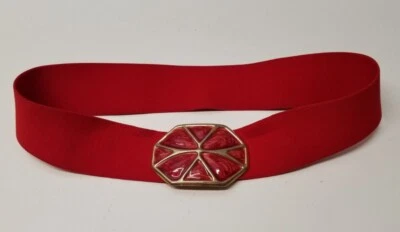 Vintage 1980's RED Day-Lor Belt Gold & Red Buckle Elastic Stretch 2" Wide 28" - Image 1 of 4