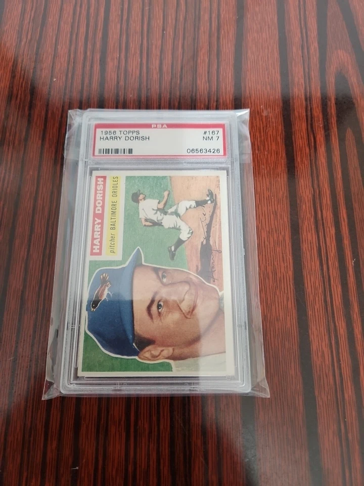 1956 Topps #167 Harry Dorish Orioles PSA 7 Near Mint Gray Back - Image 1 of 2