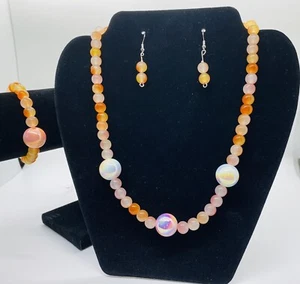 Glass Imitation Jade Bead Gradient Double Color Round Necklace Set With Bracelet - Picture 1 of 4
