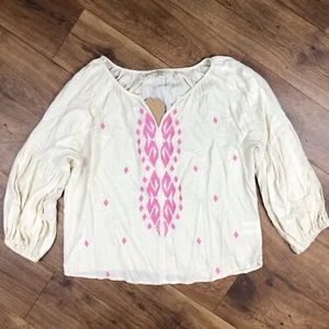 Kori Women Sz S Tan Beige Blouse Pink Embroidery - Picture 1 of 8