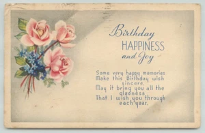 Postcard, Birthday happiness and joy, Flowers, Poem, Pink roses 1946 - Picture 1 of 2