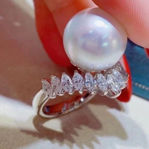 Gorgeous HUGE AAAAA 10-11mm South Sea White ROUND Pearl Ring 925S - Picture 1 of 4