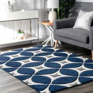 Handmade Geometric Trellis Rug | Navy Blue & Gray | Contemporary Area Rug - Picture 1 of 5