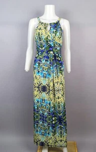 Cynthia Rowley Maxi Dress Keyhole Neckline Draped Goddess Yellow Green Blue Sz 8 - Picture 1 of 7