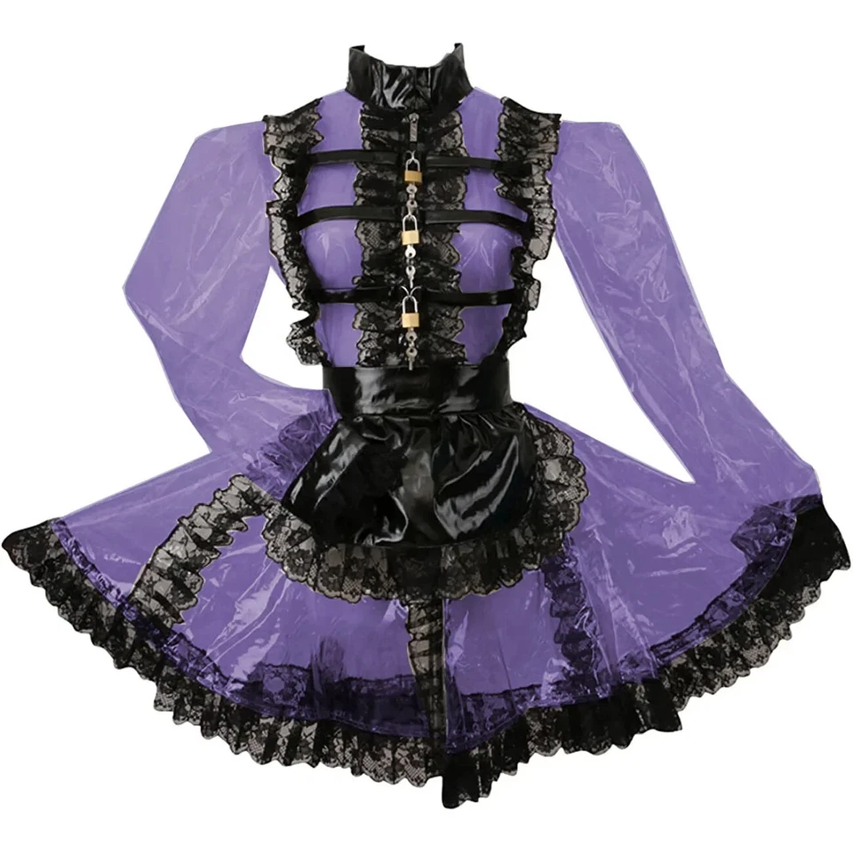  可上锁法国女仆套装透明 PVC 塑料性感长袖女仆连衣裙 — 第 1/4 张图片