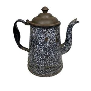 Early Primitive Gray Agate Enamel Ware Coffee Pot Pitcher Camping Fire w/Lid - Picture 1 of 12