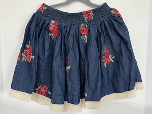Girl’s Kidpik Blue Light Denim Mini Skirt w/ Red Roses & Lace Trim - Size L (12) - Picture 1 of 3