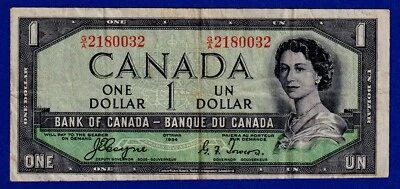 CANADA $1 1954 BC-29a / P-66a QE II Circulated DEVIL'S FACE 👿 G/A 2180032 - Image 1 of 3