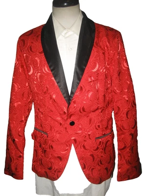Chaqueta de Esmoquin Shein Para Hombre Rojo y Negro Estampado de Rosa Chal Cuello Talla Pequeña Foto 1 de 4