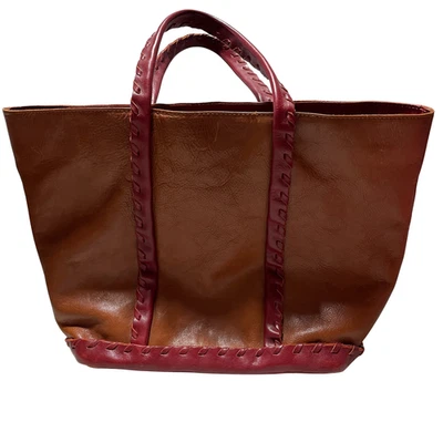 Maurizio Taiuti Italy Leather Tote Bag Cognac body and Red Whipstitch Trim - Image 1 of 4