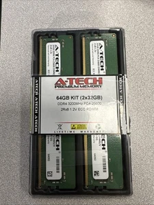 A-Tech 64GB Kit (2x32GB) DDR4 3200MHz PC4-25600 ECC RDIMM 2Rx4 Dual Rank 1.2V... - Afbeelding 1 van 1