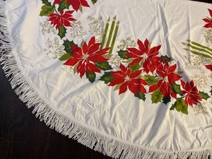 Vintage Weihnachten Tischdecke Fransen rund 60" Weihnachtsstern Kerzen wie vorgefunden - Bild 1 von 4