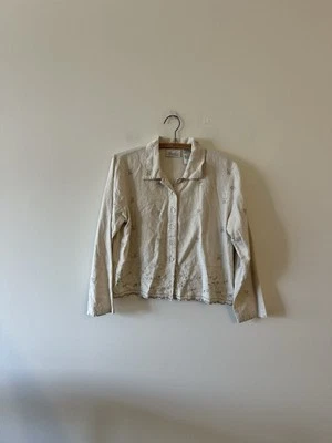 Vintage Coleção Kathie Lee Floral Bordado Linho Botão Crop Langenlook M - Imagem 1 de 4