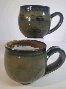 Studio Art Pottery Stoneware Signed Coffee/Tea Mug Set Of Two~Green & Brown Tone - Picture 1 of 24