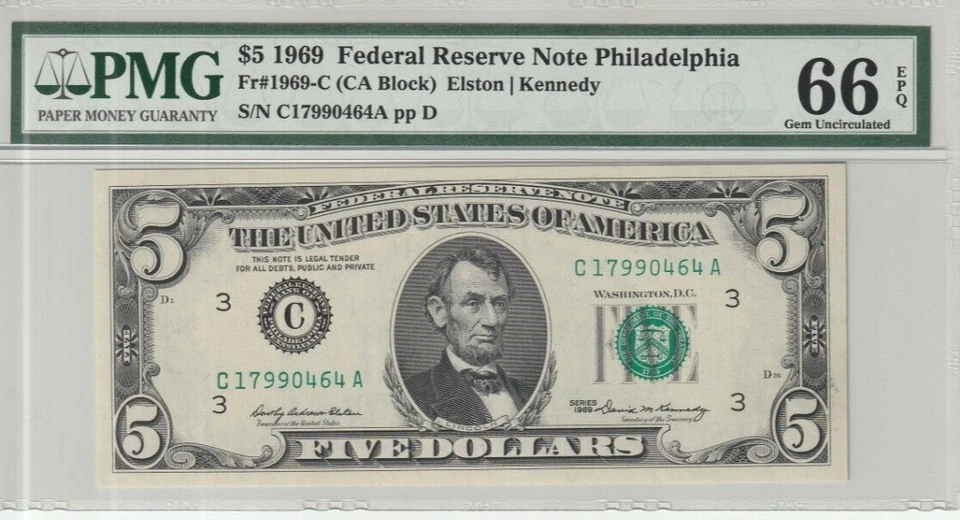1969 $5 FRN Philadelphia Gem Fr. 1969-C Graded by PMG 66 Gem Uncirculated EPQ - Image 1 of 2