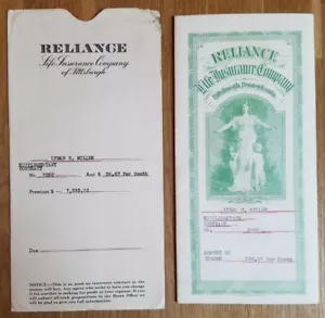 Reliance Life Insurance Co. Pittsburgh 1942 muestra póliza certificado contrato - Imagen 1 de 10