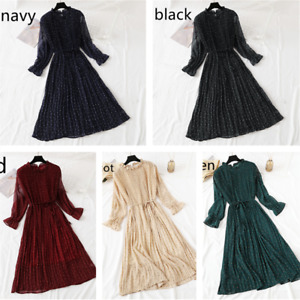 Elegant Women Chiffon Pleated Dress Blouse Ruffle Polka Dot Midi Maxi 3/4 Sleeve