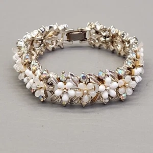 Vintage Art Flower Bracelet AB Rhinestones White Gold Tone Arthur Pepper 6.75" - Picture 1 of 18