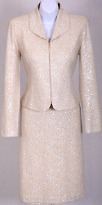 ST.JOHN Women's Cream Gold Shimmer Sequins Rhinestone Pearl Jacket Skirt Sz 6