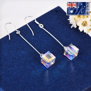 925 Sterling Silver Genuine Swarovski Elements Crystal Cube Dangle Drop Earrings - Picture 1 of 6