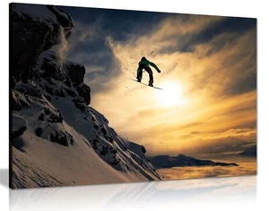 Sunset Freestyle Jump Snow Boarding Framed Canvas Print Wall Art Home Decor - Picture 1 of 6