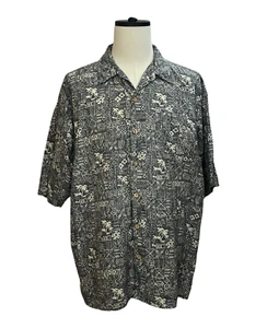 Ocean Pacific Hawaiian Shirt Mens XXL Black Reverse Tribal Floral Palm Print - Picture 1 of 2