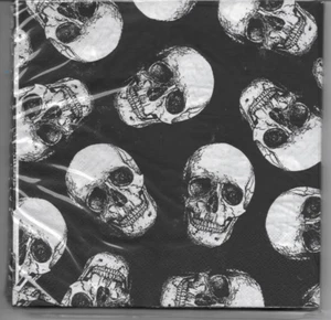 Celebrate 18 CNT 2 Ply Blakc & White Skulls Paper Dinner Napkins 12.75" x 12.75" - Picture 1 of 2
