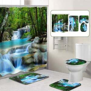 Bath Mats for Bathroom Waterfall Print Waterproof Shower Curtain Sets 4 Pcs