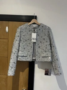 ZARA NEW SHORT ZW COLLECTION SEQUIN JACKET BLAZER SILVER Size L 2885/152 - Picture 1 of 7