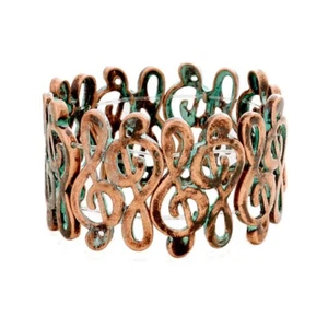 Music Clef Bracelet Worn Copper-Tone Patina Accents Wide Stretch Bangle 1 1/2” - Picture 1 of 2