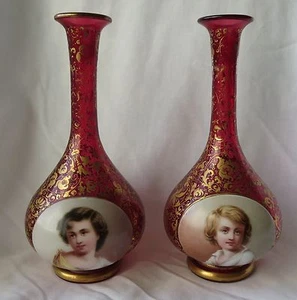 Fine Pair of 19th Century Bohemian Overlay Hand Painted Glass Vases - Picture 1 of 1