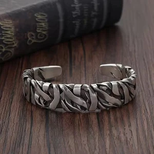 Men's Retro Silver Twisted Vintage Bracelet Wide Bangle Open Cuff Jewelry - Picture 1 of 5