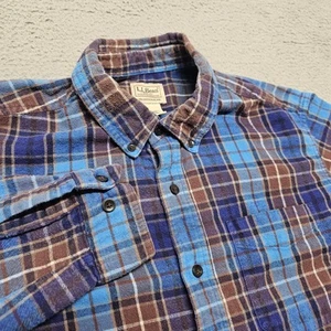 LL Bean Flannel Shirt Men's Large Blue Scotch Plaid #228061 100% Cotton Bright! - Picture 1 of 20