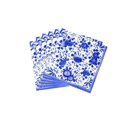 20 Per Package Delft Paper Cocktail Napkins in Blue Floral Chinoiserie - Image 1 of 2