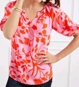 TALBOTS New NWT Split Neck Floral Blouse Women's Size L Pink Orange Viscose - Picture 1 of 2