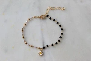 Armkette Gänseblümchen Blume Perlen Edel Steine Gold Armband Kugelperlen - Bild 1 von 1