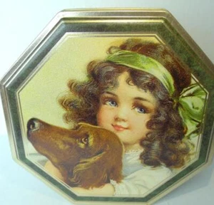 Cookie Victoria Graphics Victorian Blue Eyed Girl and Retriever Octagon Tin 1994 - Picture 1 of 8