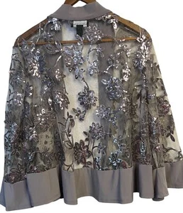 R&M Richards Women Floral Sequin Mesh Jacket Gray Ruffle Trim Size 20W Loose Fit - Picture 1 of 19
