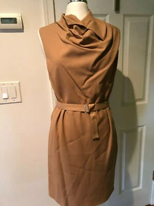 NWT Designer CARVEN camel asymmetric wool draped shift dress belted US 10 FR 42 - Picture 1 of 9