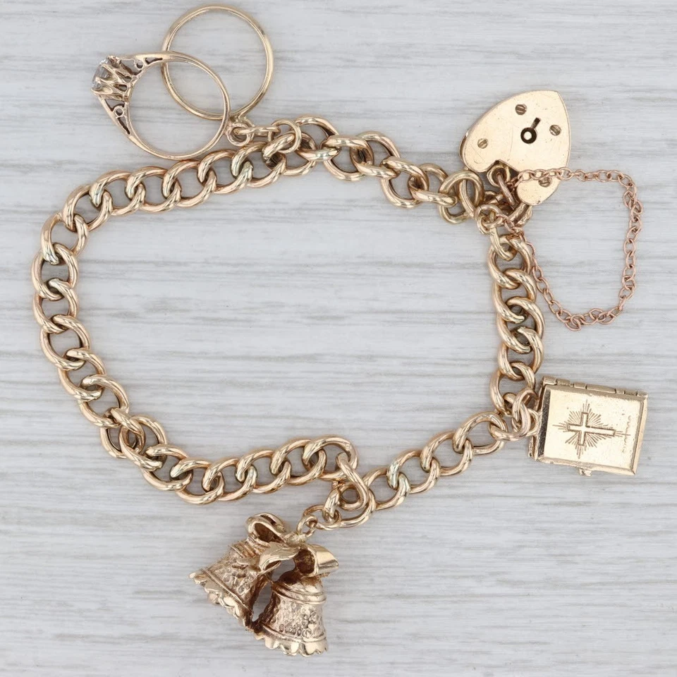 Винтажный свадебный тематический браслет с брелоками 9k золото 6,5» обочины цепочка кольцо Библия колокола - Изображение 1 из 4