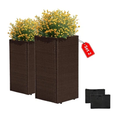 All-Weather Wicker Planters, Set of 2, 24 in Tall Wicker Planters, Self-Water... - Image 1 of 4
