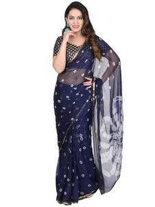 Women's Chiffon Bandhani Geometric Printed Saree With Unstitched Brocade Blouse - Picture 1 of 6